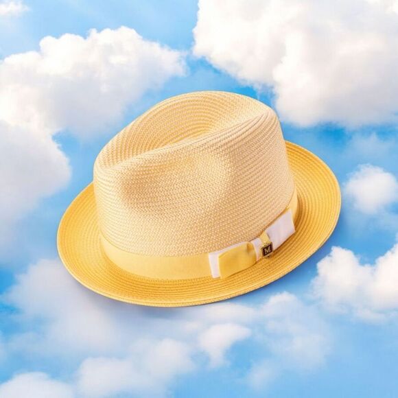 MONTIQUE MENS CANARY BRAIDED TWO TONE STINGY BRIM PINCH FEDORA HAT. H68. - Picture 1 of 2